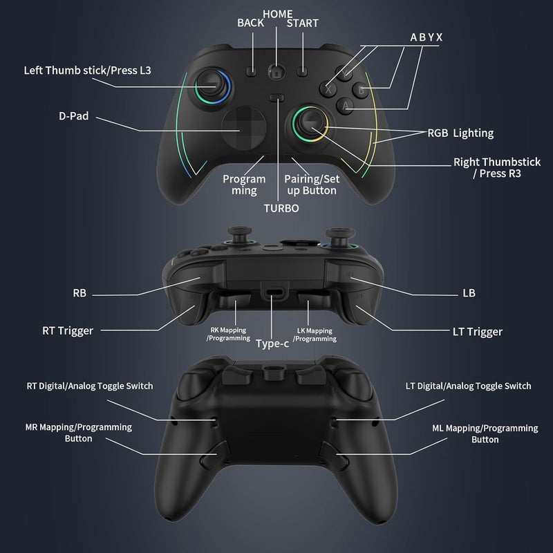 ROTOMOON HD151-S Wireless Game Controller with 7 Colors LED Lighting Compatible with Xbox One S/X, Xbox Series S/X, with 2.4G Wireless Adapter, 3.5mm Audio Jack Gaming Gamepad, Turbo/Programmable - Image 5